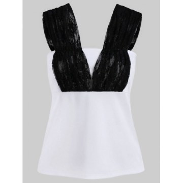 Ruched Lace Panel Tank Top - White