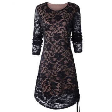 Ruched ide Full leeve Tunic Lace Dress - Black