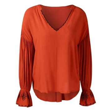 Ruched Sleeve V Cut Asymmetrical Blouse - ahogany