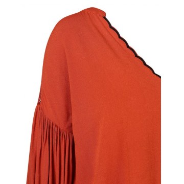 Ruched Sleeve V Cut Asymmetrical Blouse - ahogany