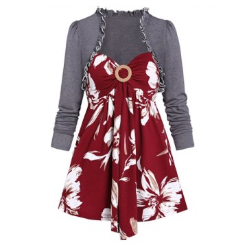 Ruffle Long Sleeve T Shirt with Ditsy Print Tank Top - Red Wine