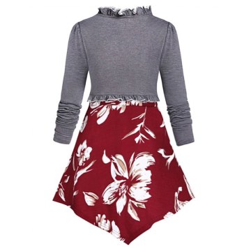 Ruffle Long Sleeve T Shirt with Ditsy Print Tank Top - Red Wine