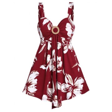 Ruffle Long Sleeve T Shirt with Ditsy Print Tank Top - Red Wine