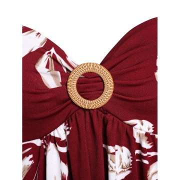 Ruffle Long Sleeve T Shirt with Ditsy Print Tank Top - Red Wine