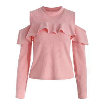 Ruffled Cutout Shoulder Tee - Pig Pink