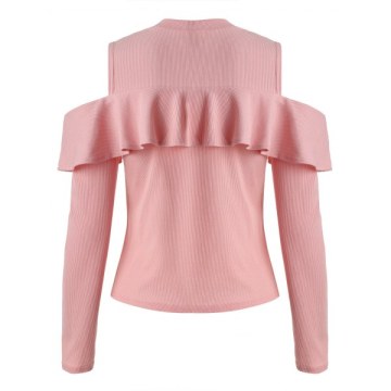 Ruffled Cutout Shoulder Tee - Pig Pink