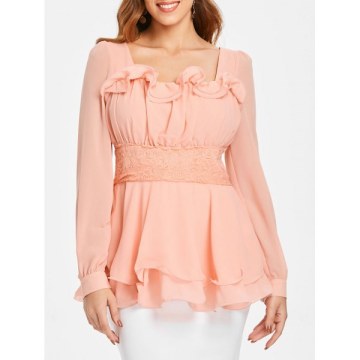 Ruffled ace Insert Peplum Blouse - ight Pink
