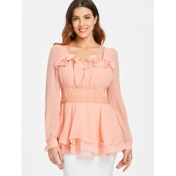 Ruffled ace Insert Peplum Blouse - ight Pink