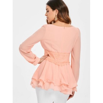 Ruffled ace Insert Peplum Blouse - ight Pink