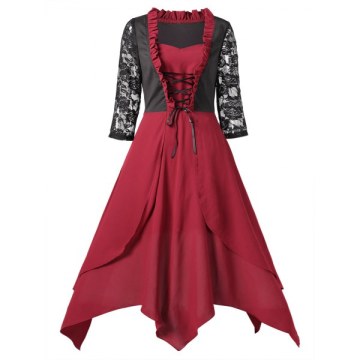 Ruffled Trim Retro ong Flowy Dress - Red Wine