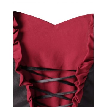 Ruffled Trim Retro ong Flowy Dress - Red Wine