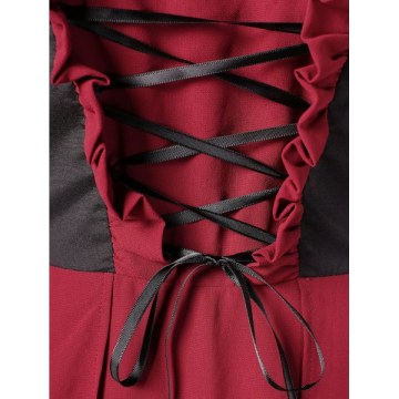 Ruffled Trim Retro ong Flowy Dress - Red Wine