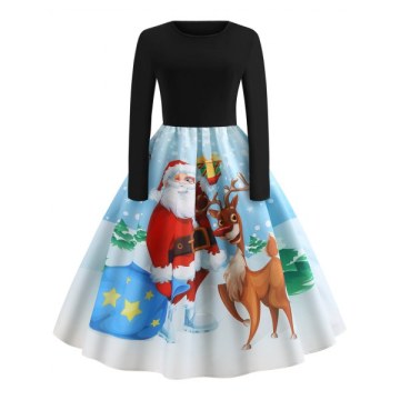 anta Claus and Elk Print Vintage Dress - Black
