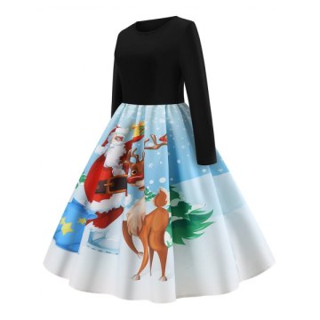 anta Claus and Elk Print Vintage Dress - Black