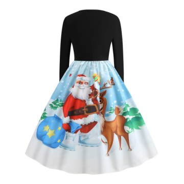 anta Claus and Elk Print Vintage Dress - Black
