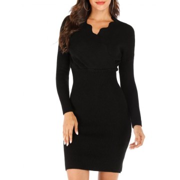 Scalloped Ribbed Bodycon Sweater Dress - Black One