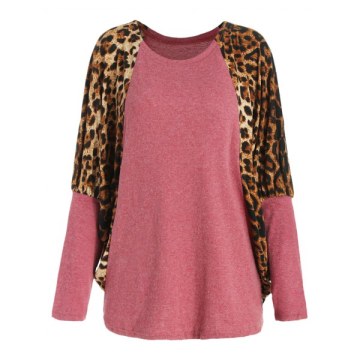 Scoop Neck Color Splicing Leopard Print Long Sleeves Loose-Fitting Women's Sweater - Red One