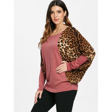 Scoop Neck Color Splicing Leopard Print Long Sleeves Loose-Fitting Women's Sweater - Red One
