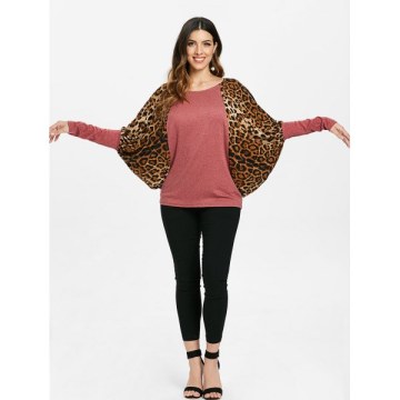 Scoop Neck Color Splicing Leopard Print Long Sleeves Loose-Fitting Women's Sweater - Red One