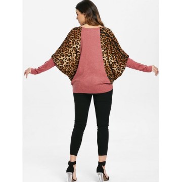 Scoop Neck Color Splicing Leopard Print Long Sleeves Loose-Fitting Women's Sweater - Red One