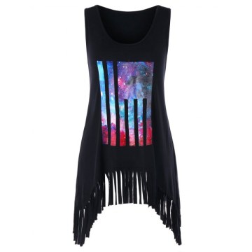Scoop Neck Galaxy Print Fringe Tank Top - Black