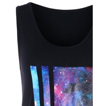 Scoop Neck Galaxy Print Fringe Tank Top - Black
