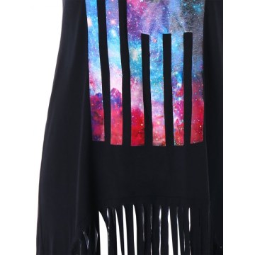 Scoop Neck Galaxy Print Fringe Tank Top - Black