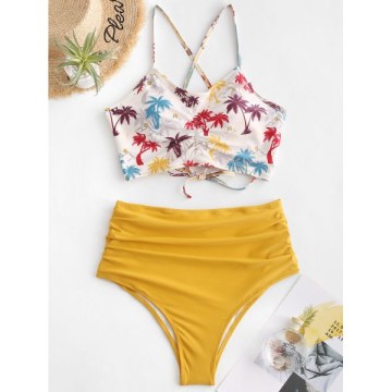 crunch Coconut Palm Crisscross High Waisted Bikini wimsuit -