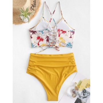 crunch Coconut Palm Crisscross High Waisted Bikini wimsuit -
