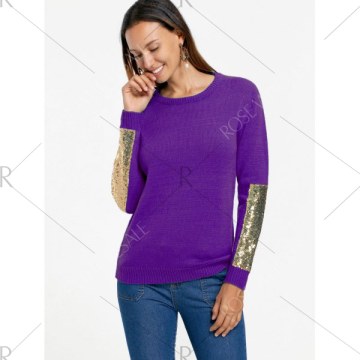 Sequin Panel Pullover Knit Sweater - Purple