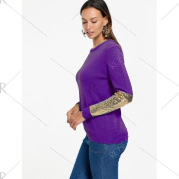 Sequin Panel Pullover Knit Sweater - Purple