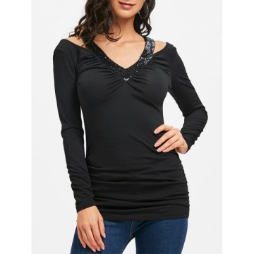 Sequin Ruched Criss Cross T-shirt - Black