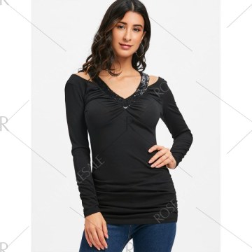 Sequin Ruched Criss Cross T-shirt - Black