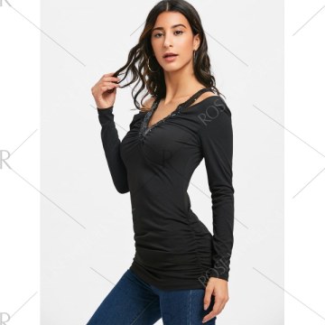 Sequin Ruched Criss Cross T-shirt - Black
