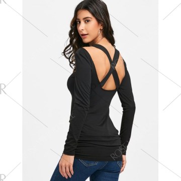 Sequin Ruched Criss Cross T-shirt - Black