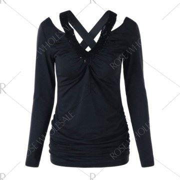 Sequin Ruched Criss Cross T-shirt - Black