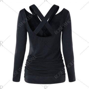 Sequin Ruched Criss Cross T-shirt - Black