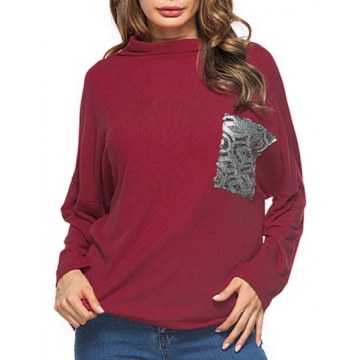 Sequined Pocket Tunic Pullover Knitwear - Red Wine