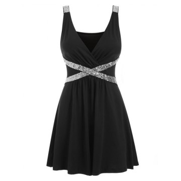 Sequined Sleeveless Low Cut Dress - Black