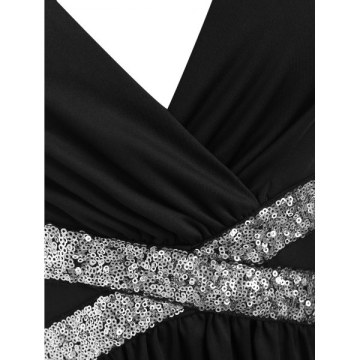 Sequined Sleeveless Low Cut Dress - Black