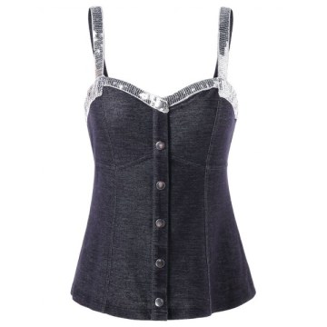 Sequins Denim Tank Top - Dark Gray