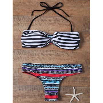 Sexy Halter Neck Striped Ethnic Print Women's Bikini Set -
