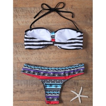 Sexy Halter Neck Striped Ethnic Print Women's Bikini Set -