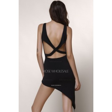 Sexy Scoop Neck Sleeveless Hollow Out Asymmetrical Women's Dress - Black