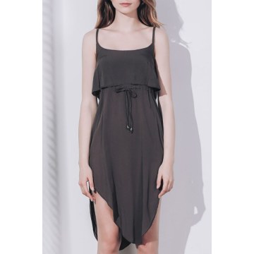 Sexy Spaghetti Strap Sleeveless Solid Color Asymmetrical Slit Dress For Women - Dark Khaki