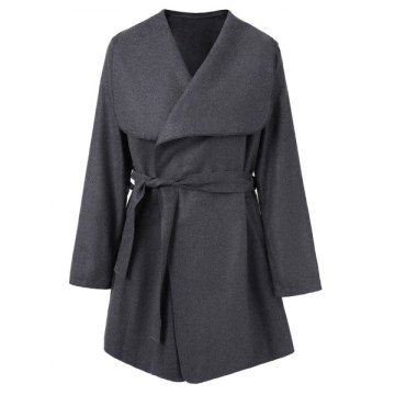 hawl Collar Belted Coat - late Gray