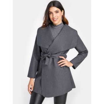 hawl Collar Belted Coat - late Gray