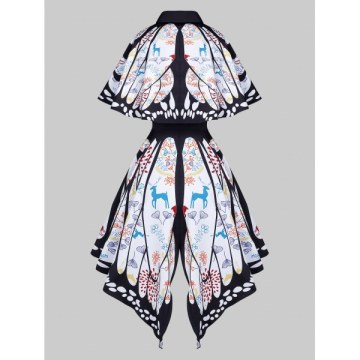 Shawl Collar Butterfly Print Buttoned Asymmetric Dress - White