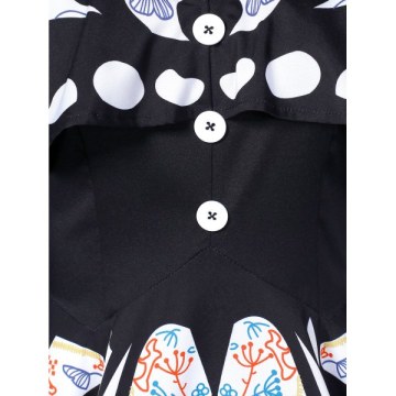 Shawl Collar Butterfly Print Buttoned Asymmetric Dress - White