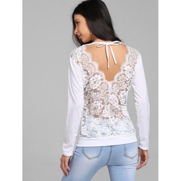Sheer Lace Panel Cut Out T-shirt - White